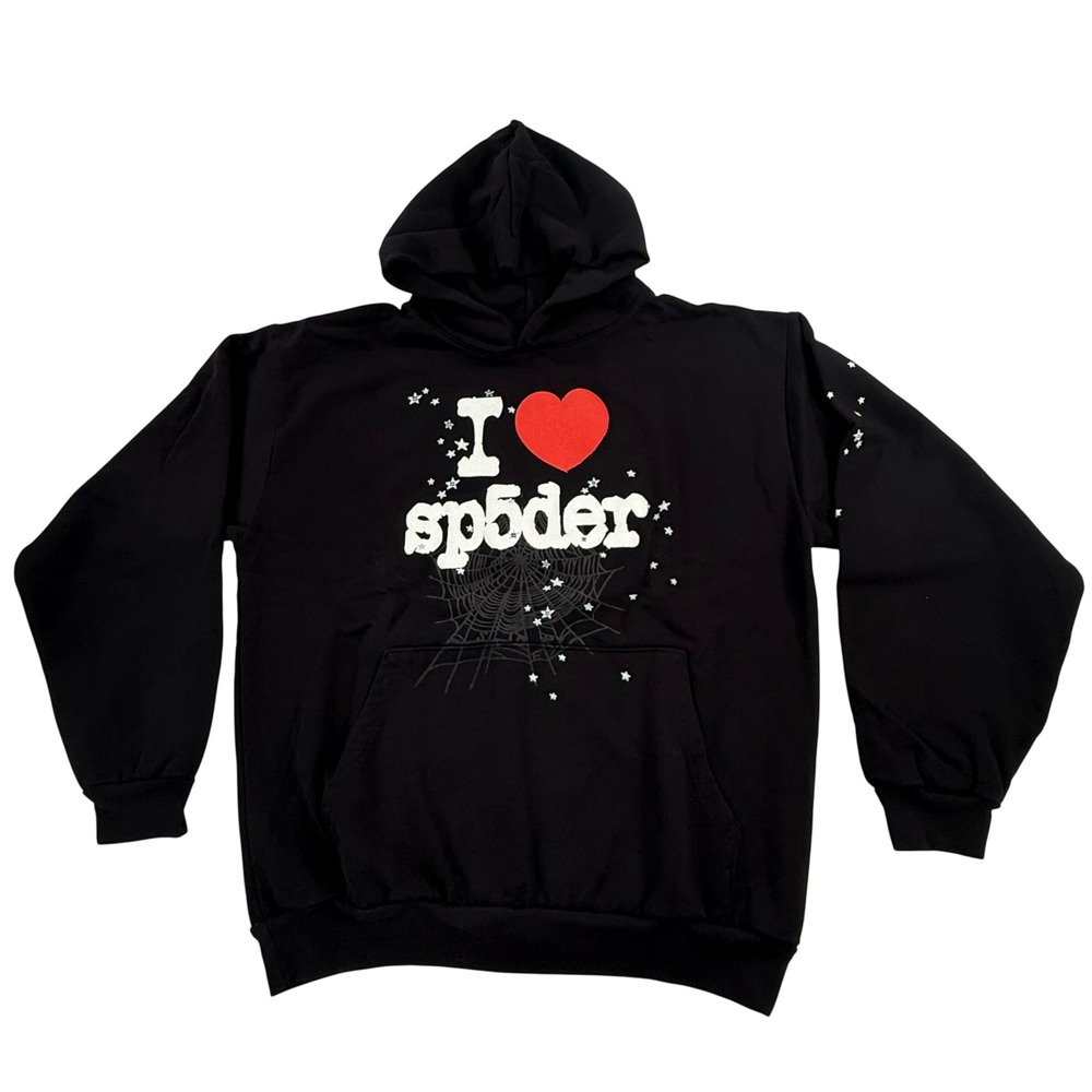 Sp5der Worldwide I Love Sp5der Black Hoodie Puff Print Star Web Size XL